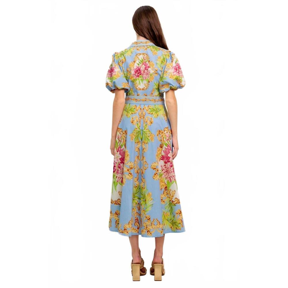 NEW FLYING TOMATO versailles garden midi dress in light blue multi - Picture 5 of 7